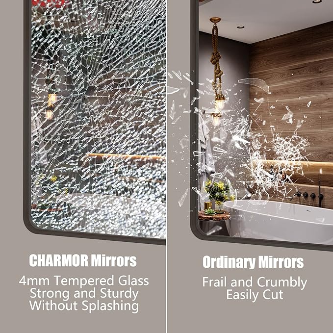 55x36 Bronze Bathroom Vanity Mirror for Wall, Large Bronze Frame Mirror with Brushed Metal Frame, Rounded Rectangle Mirror, Shatterproof, Anti-Rust (Horizontal/Vertical)