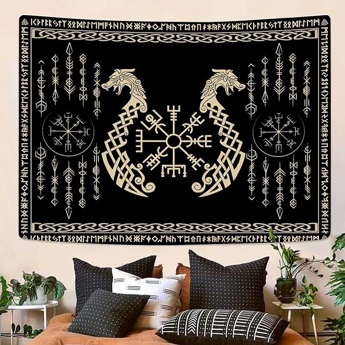 OSUNBD Nordic Vikings Tapestry, Small 6051 inches Soft Flannel, Vegvsir Symbol Twins Dragons Celtic Rune Scandinavian Aesthetic Mythology Tapestry Wall Hanging for Bedroom Living Room Decor