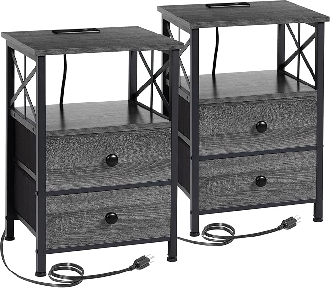 AMHANCIBLE Night Stand Set 2, Nightstand with Charging Station, End Tables Living Room with USB Ports and Outlets, Bedside Tables with Fabric Drawers for Bedroom, Dark Grey HET05XDG
