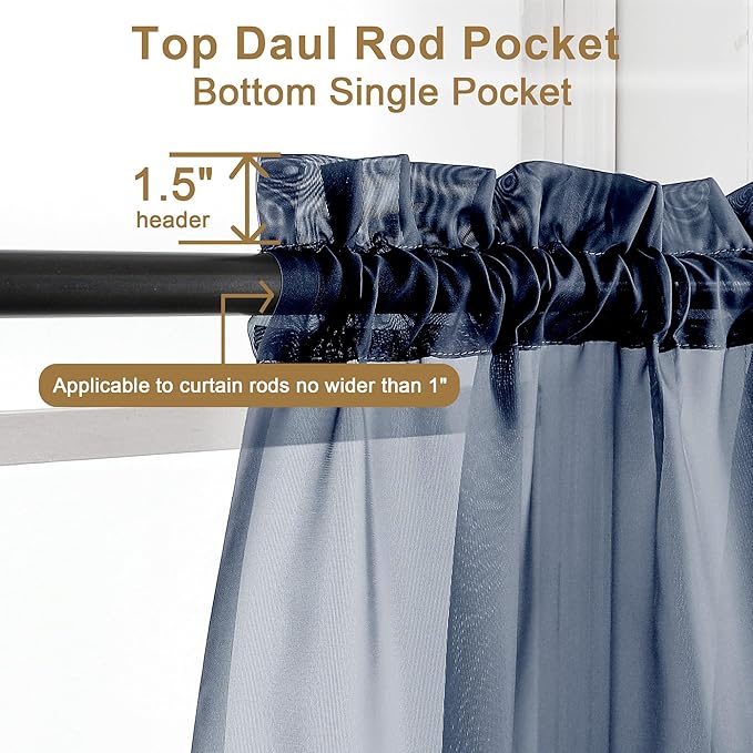 Chyhomenyc Navy Blue Sheer Curtains 30 inch Length 2 Panels, Light Filtering Voile Rod Pocket Short Window Curtians for Bathroom Living Room Farmhouse Small Windows, 42Wx30L inches