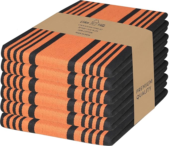 Urban Villa Halloween Kitchen Towels 100% Cotton Set of 6 Dish Towels - 20x30 Inches Highly Absorbent Quick Drying Dish Towels for Kitchen with Hanging Loop Hand & Tea Towels (Orange & Black Striped)