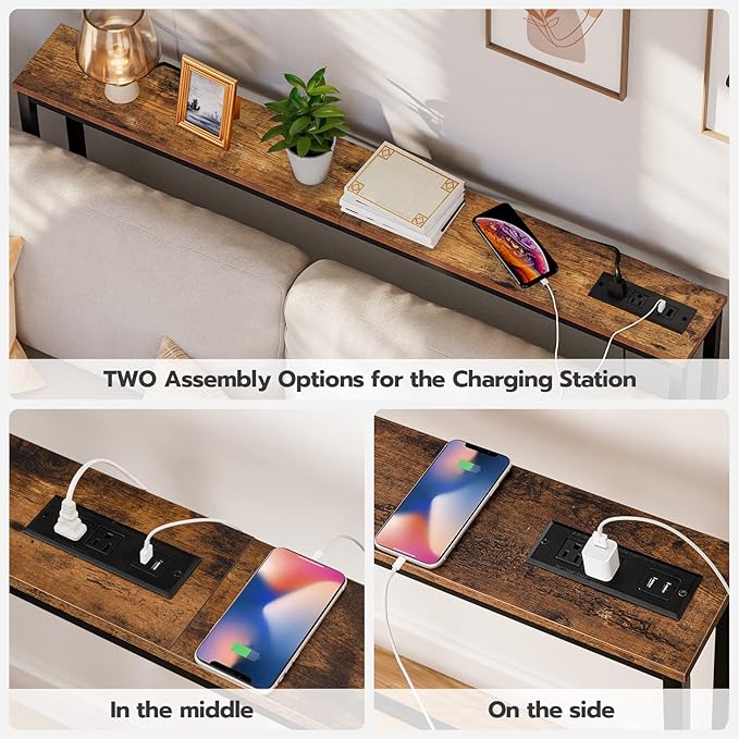 HOOBRO 2 Pack 5.9" Narrow Console Sofa Table with Power Outlets, 47.2" Long Behind Couch Table with Charging Station, Skinny Sofa Table for Living Room, Foyer, Rustic Brown BF15XGP201G1