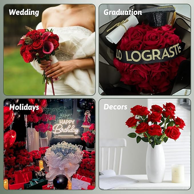Red Roses Artificial Flowers 50 Pack in Bulk, Fake Roses Flowers Realistic Roses for Wedding Home Party Decoration Event Gift (Red)