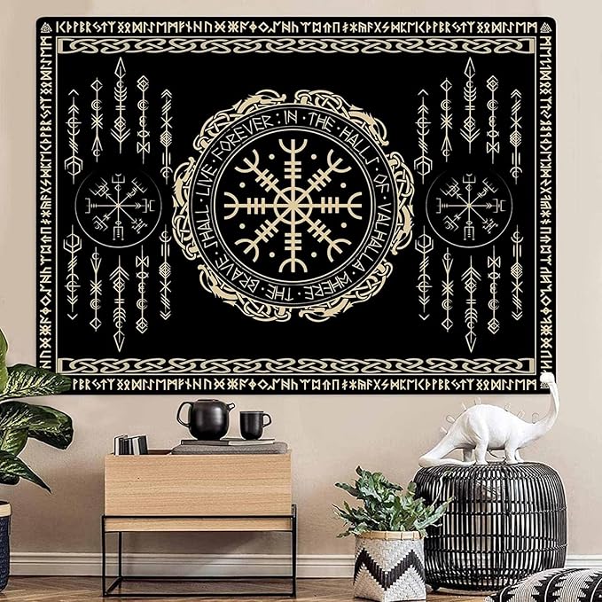 OSUNBD Nordic Vikings Tapestry Large 84x90inches Soft Flannel Vegvsir Symbol Amulet Celtic Rune Scandinavian Aesthetic Mythology Tapestry Wall Hanging for Bedroom Living Room Decor