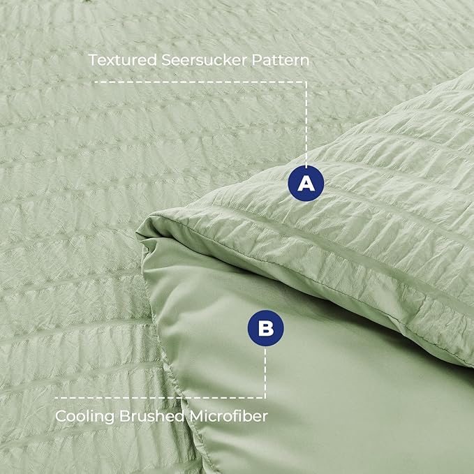 HYMOKEGE Light Green Queen Comforter Set Seersucker 7 Pieces, All Season Luxury Bed in a Bag for Bedroom, Bedding Set with Comforters, Sheets, Pillowcases & Shams