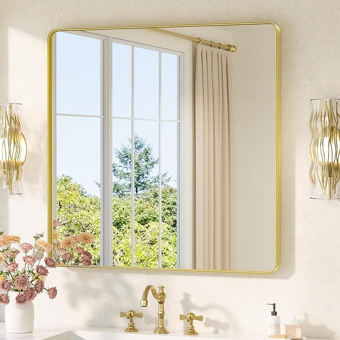 TETOTE Gold Framed Mirror 36 x 36 Vanity Mirrors for Wall Decor Brushed Gold Bathroom Mirrors, Tempered Glass, Modern Farmhouse Wall Mounted Mirror for Decorative(Horizontal/Vertical)