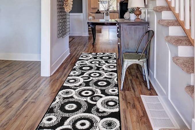 Custom Length Cut to Size Modern Farmhouse Carpet Runner Rug for Hallways, Non Slip Rubber Backed, 31 inch Wide X Customized Length, Geo Black, 31 inch X 25 feet