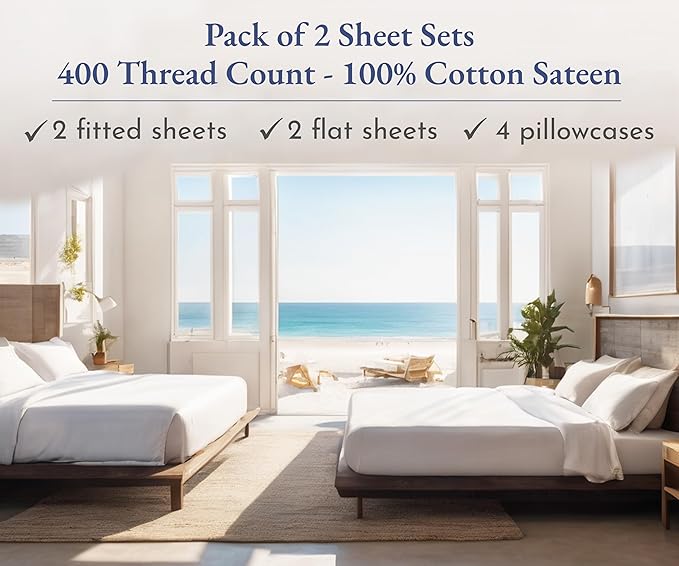 California Design Den 2-Pack Queen Bed Sheets Set - 400 Thread Count 100% Cotton Sateen - Extra Soft, Breathable & Cooling Sheets, Wrinkle Resistant, 2 Sets of Deep Pocket Bed Sheets - Light Grey
