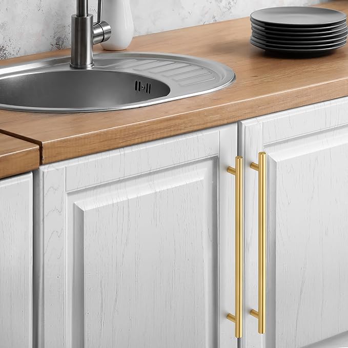 JOY DECOR 3 Pack Cabinet Handles, Gold Cabinet Pulls, 10 in Hole Center Kitchen Cabinet Handles, Stainless Steel T Bar Handles for Dresser Drawers