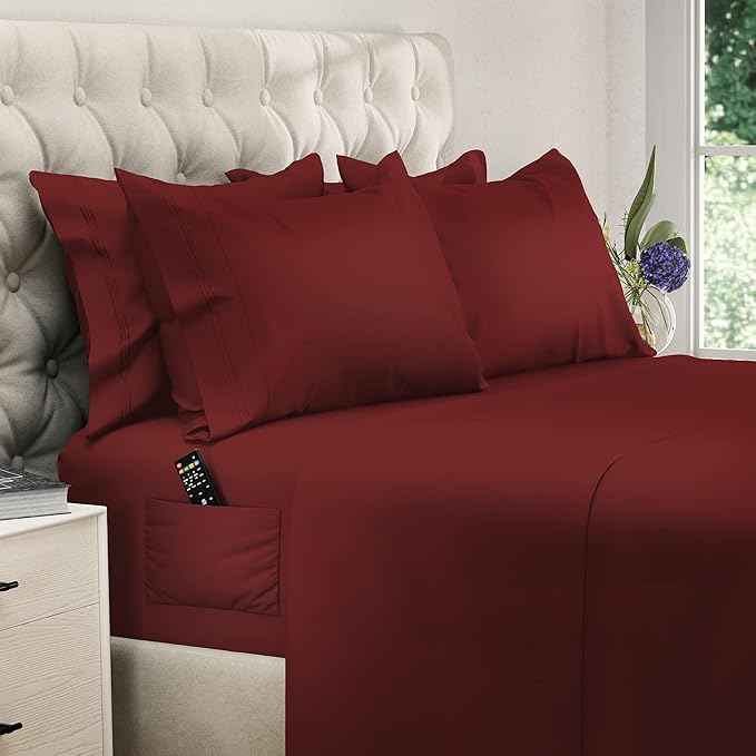 DREAMCARE King Size Sheets Set – 6 pcs Cooling Bed Sheets – up to 15” Deep Pocket King Sheet Set – 2500 Supreme Collection – Extra Soft 100% Brushed Microfiber Hotel Luxury with Side Pocket – Burgundy