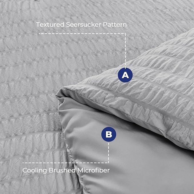 HYMOKEGE Light Grey Twin XL Comforter Set Seersucker 5 Pieces, All Season Luxury Bed in a Bag for Bedroom, Bedding Set with Comforter, Sheets, Pillowcase & Sham