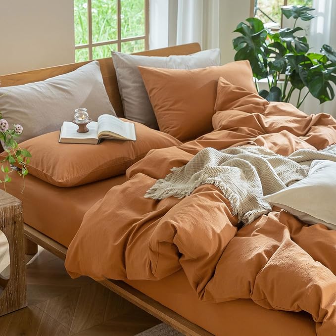 MooMee Bedding Duvet Cover Set 100% Washed Cotton Linen Like Textured Breathable Durable Soft Comfy (Solid Burnt Orange, Queen 90"x90")