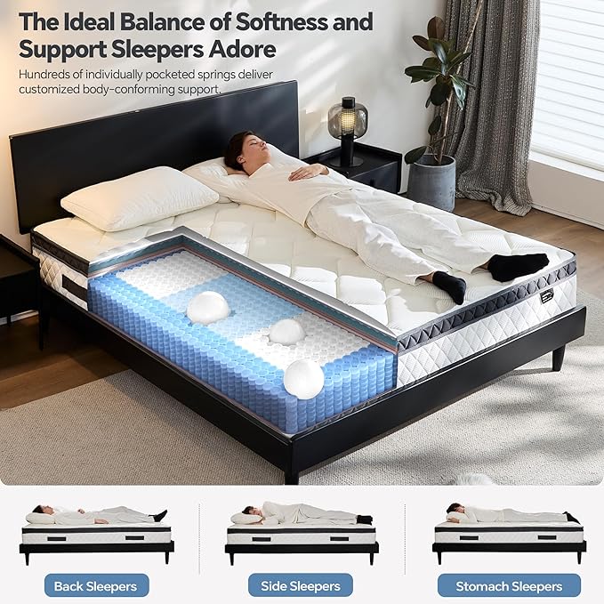 King Size Mattress 12 Inch, Pocket Spring & Memory Foam Hybrid Mattress with Breathable Knitting Fabric