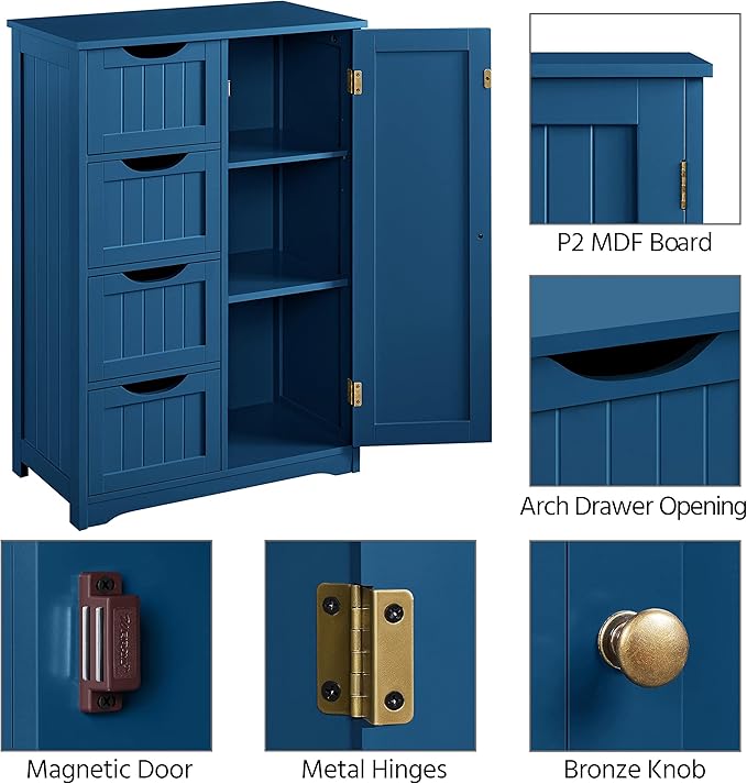 Yaheetech Wooden Bathroom Floor Cabinet, Side Storage Organizer Cabinet with 4 Drawers and 1 Cupboard, Freestanding Entryway Storage Unit Console Table, Bathroom Furniture Home Decor, Navy Blue