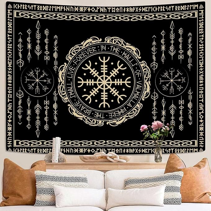 OSUNBD Nordic Vikings Tapestry 40x30 Inch - Soft Flannel Wall Hanging with Vegvsir, Celtic Runes, Scandinavian Mythology Art for Bedroom, Living Room Decor