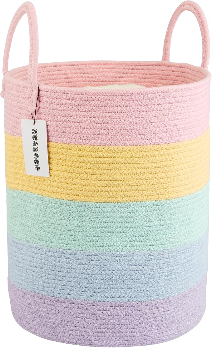 Rope Laundry Basket Hamper for Kids Girl Woven Storage Basket for Living Room Bedroom Boho Tall Baskets for Blanket Toys Pillow Towels Baby Nursery Hamper Bin rainbow