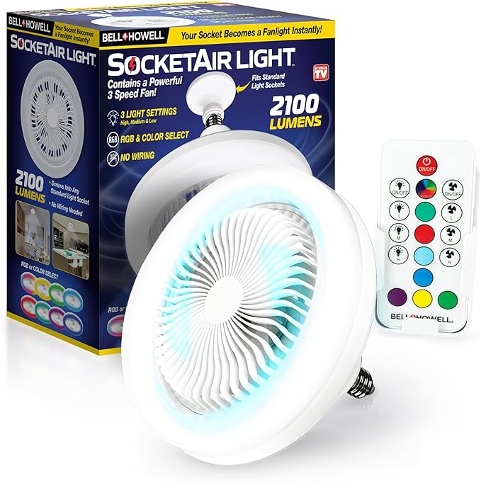 Bell+Howell SocketAir Wireless Ceiling Fan Light with Remote Control, Extender,110-120 Volt, 2100 Lumens, 3 Fan Speeds, 3 Light Settings, 6500K for Living, Dining, Working Space ASON TV