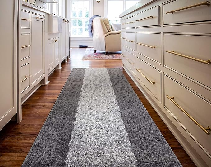 Custom Size Modern Runner Rug Carpet for Hallway Entryway Foyer Kitchen, Slip Resistant Latex Rubber Backed 31 inch Wide X Customized Length, Scroll Grey, 31 inch X 15 feet