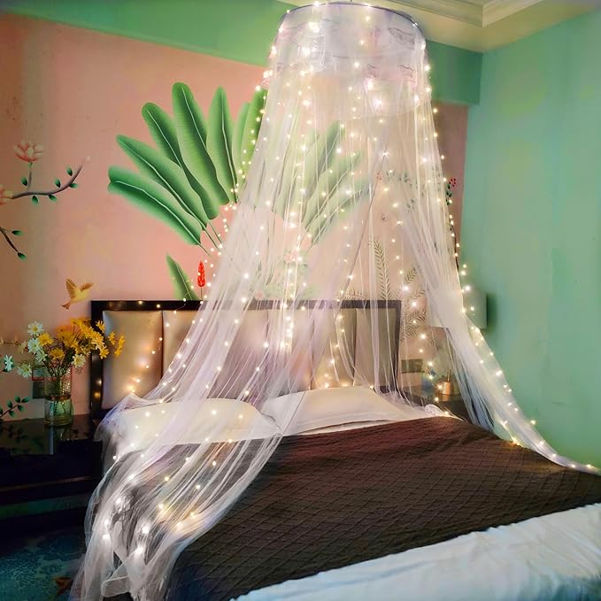 Eimilaly Lace Bed Canopy Mosquito Netting with Warm Lights, Princess Bed Canopy for Girls Room Decor, White/Single Door