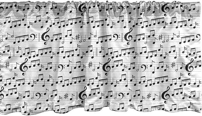 Ambesonne Music Window Valance Pack of 2, Abstract Style Professional Pattern Notes and Clef Sheet Play Writing Print, Rod Pocket Curtain Valances for Kitchen Bedroom, 42" X 12", Black White