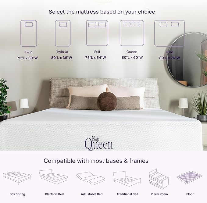 NapQueen 10 Inch Queen Size Mattress, Bamboo Charcoal Memory Foam Mattress, Bed in a Box, White