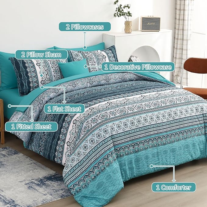 Cottolester Boho Queen Comforter Set 8 Pieces, Teal Comforter Bohemian Striped Bed in A Bag,Soft Microfiber Bedding Set for All Seasons