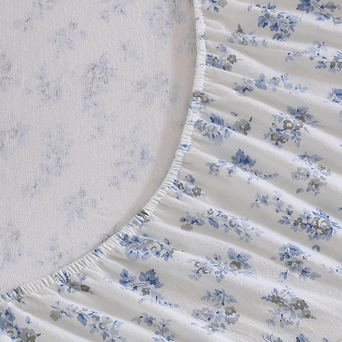 Laura Ashley - Flannel Sheets King Size, Anti-Pilling & Wrinkle Resistant Cotton, Touchably Soft for All-Season Comfort - Bed Sheets with Matching Pillowcases & Fitted Sheet (Audrey Blue)