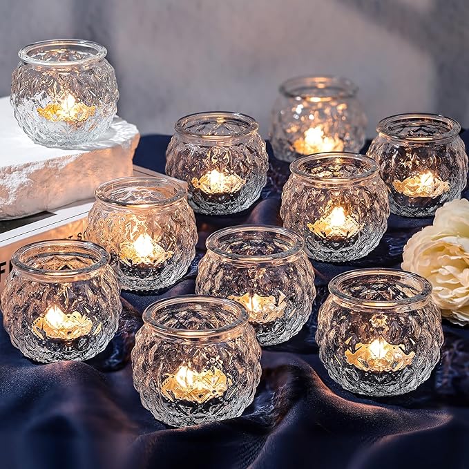 DARJEN Clear Votive Candle Holders Set of 24- Round Glass Candle Holders Bulk for Tea Light Candle, Diamond Texture Candle Votives for Wedding Centerpiece, Living Room & Home Table Decor