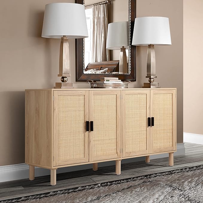 Finnhomy 4 Door Sideboard Buffet Cabinet, Kitchen Storage Cabinet with Rattan Decorated Doors, Cupboard Console Table, Boho Accent Liquor Cabinet for Home Bar, 62.3X 15.7X 34.6 Inches, Natural
