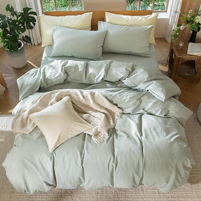 MooMee Bedding Duvet Cover Set 100% Washed Cotton Linen Like Textured Breathable Durable Soft Comfy (Heathered Sage Green, Super Queen 90"x98")