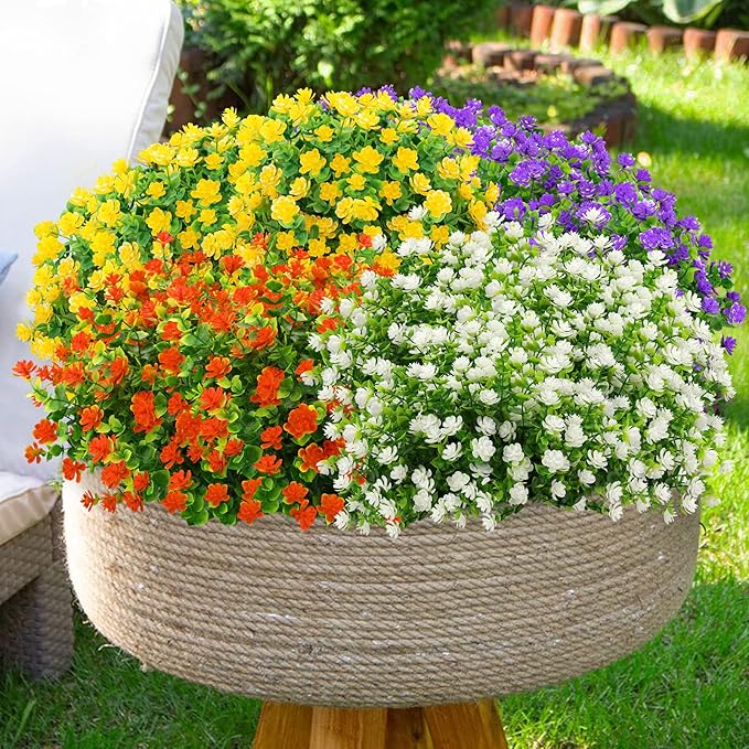 GREENRAIN Artificial Flowers Outdoor Fake Flowers for Decoration UV Resistant No Fade Faux Plastic Plants Garden Porch Window Box Décor (18 Bundles, 3#Purple)