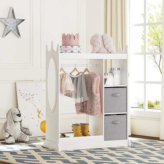 UTEX Kids Play Armoire with Mirror, Storage Bins and Closet for Dress Up and Costumes (White)