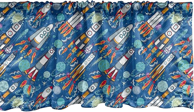 Ambesonne Spaceship Window Valance, Hand-Drawn Cartoon Spaceships Planets and Stars Outer Space Exploration Theme, Curtain Valance for Kitchen Bedroom Decor with Rod Pocket, 54" X 18", Violet Blue