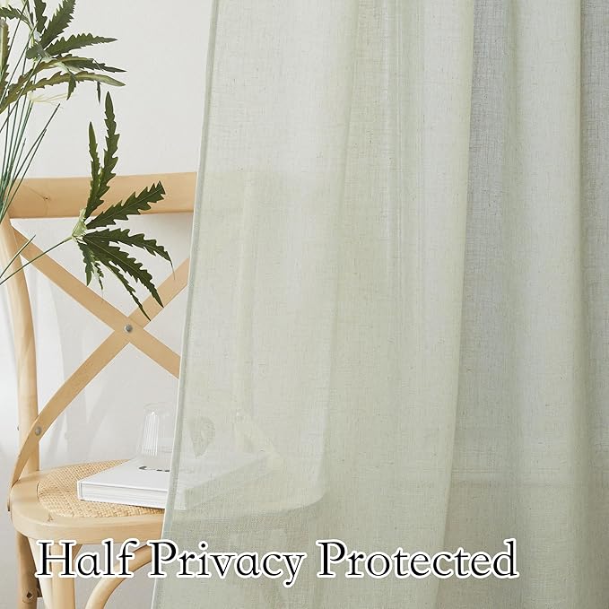 RYB HOME Green Linen Blend Curtains for Kitchen Laundry Room Nursery, Semi Transparent Sun Protection Privacy Soft Farmhouse Sheer Drapes for Kids Room, Sage Green, W 60 x L 108, 1 Pc
