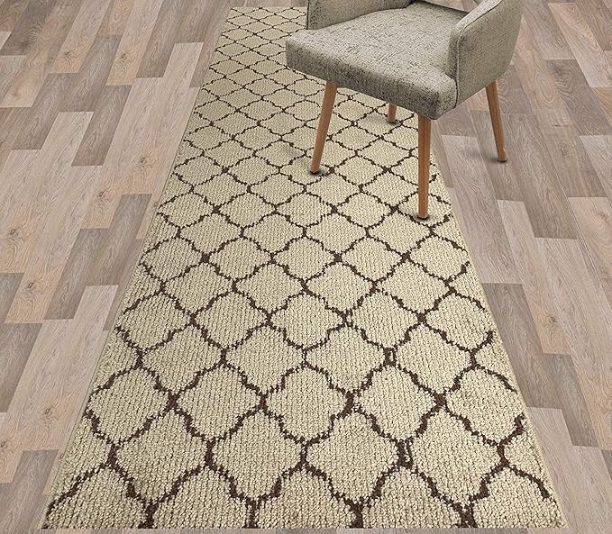 Custom Size Modern Runner Rug Carpet for Hallway Entryway Foyer Kitchen, Slip Resistant Latex Rubber Backed 31 inch Wide X Customized Length, Trellis Beige, 31 inch X 14 feet