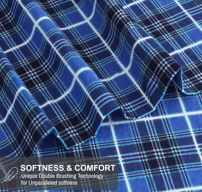 RUVANTI Flannel Sheets Twin Size - 100% Cotton Double Brushed Twin Sheets Set, Deep Pockets 16 Inches, All Seasons Breathable & Extra Soft Bed Sheets, Warm & Cozy, 3 Piece, Blue Plaid