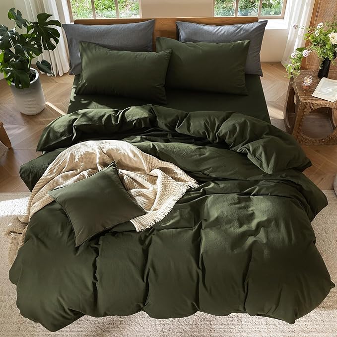 MooMee Bedding Duvet Cover Set 100% Washed Cotton Linen Like Textured Breathable Durable Soft Comfy (Solid Olive Green, Twin 68"x90")