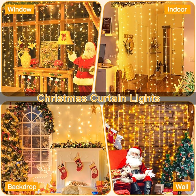 Ollny Curtain Lights 6.6x6.6ft, 200 LED String Lights with Remote 8 Modes Dimmable Timer, USB Power Fairy Light for Bedroom Backdrop Indoor Wall Window Christmas Decorations, Warm White