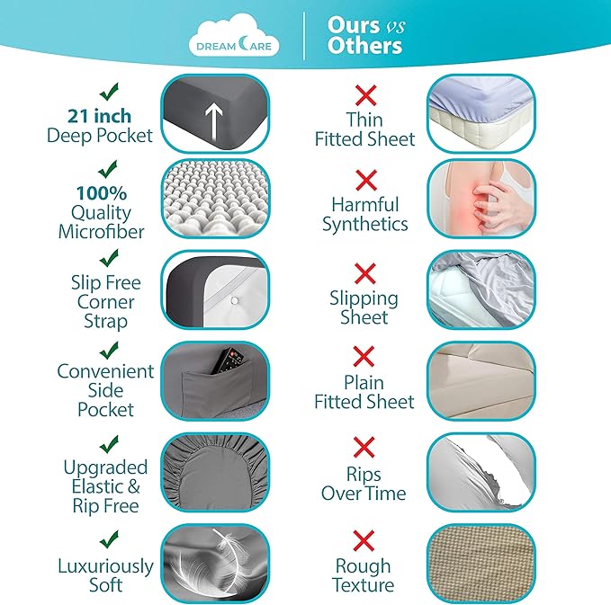 DREAMCARE Queen Sheet Set – 6 pcs Cooling Bed Sheets – up to 21” Deep Pocket Queen Sheets Set – 2500 Supreme Collection – Extra Soft 100% Brushed Microfiber Hotel Luxury with Side Pocket – Gray