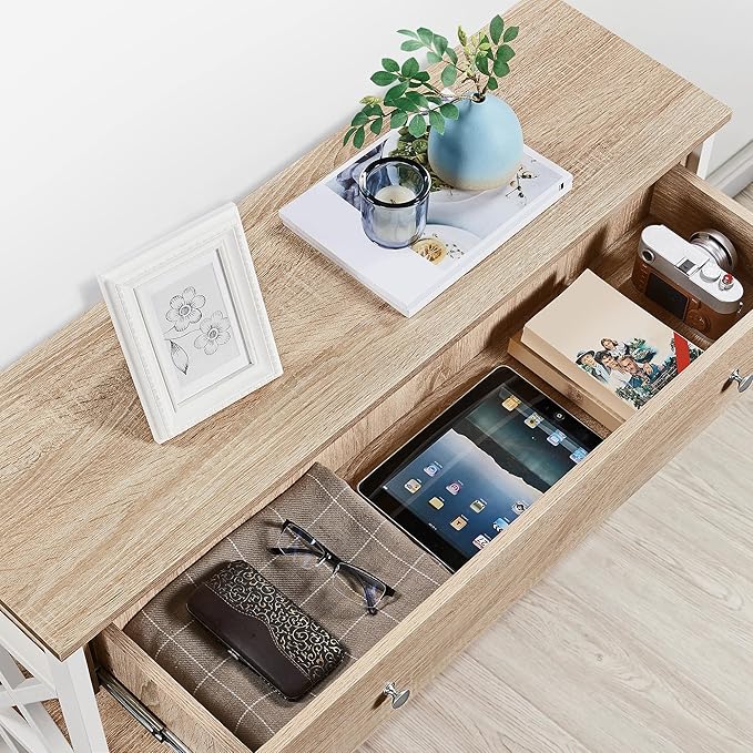 Yaheetech Console Table with Drawer, Narrow Sofa Table with Storage Shelves for Living Room, 3-Tier Entryway Tables with Metal Frame, Light Oak