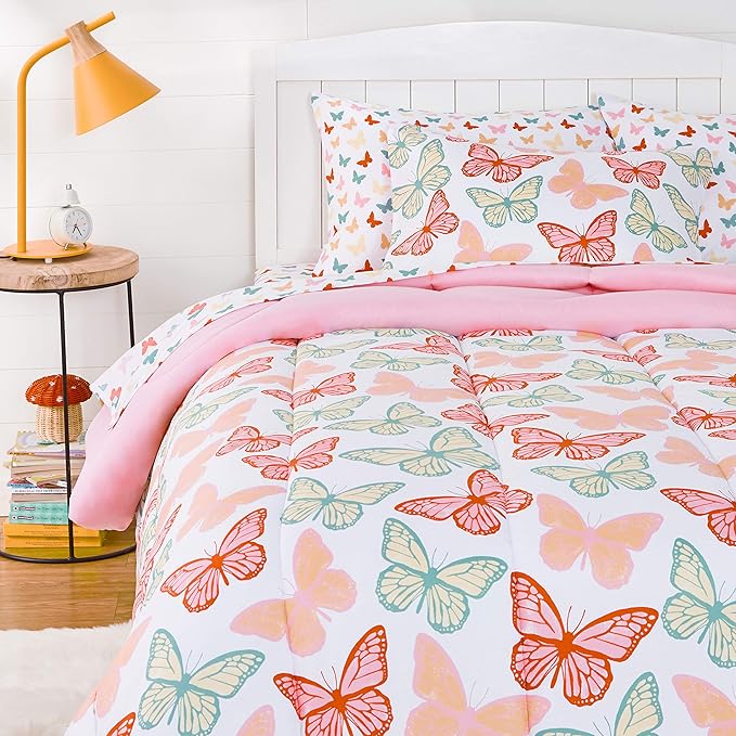 Amazon Basics Kid's Soft, Easy Care Microfiber Bed-in-a-Bag 5-Piece Bedding Set, Twin, Butterfly Friends