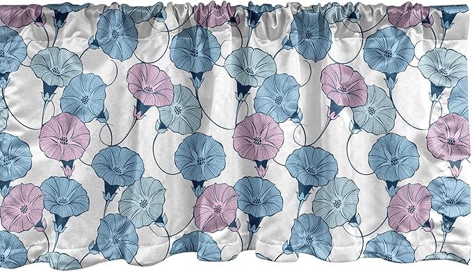 Ambesonne Flower Window Valance Pack of 2, Delicate Pastel Spring Trill Bindweeds, Rod Pocket Curtain Valances for Kitchen Bedroom, 42" X 18", Blue Grey Mauve