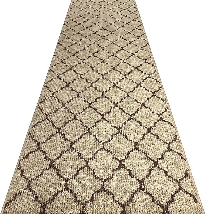 Custom Size Modern Runner Rug Carpet for Hallway Entryway Foyer Kitchen, Slip Resistant Latex Rubber Backed 31 inch Wide X Customized Length, Trellis Beige, 31 inch X 19 feet