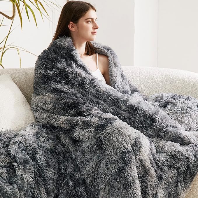 Bedsure GentleSoft Fluffy Sherpa Fleece Faux Fur Blankets Queen Size for Bed, Bedroom Decor Winter Bedding Thick Warm Full Queen Blankets, Fuzzy Plush Soft Heavy Mink Cozy Gifts, Tie Dye Grey, 90x90