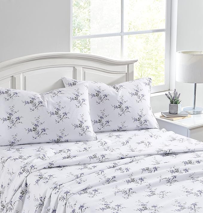 Laura Ashley - Flannel Sheets Twin Size, Anti-Pilling & Wrinkle Resistant Cotton, Touchably Soft for All-Season Comfort - Bed Sheets with Matching Pillowcase & Fitted Sheet (Jessika Lavender)