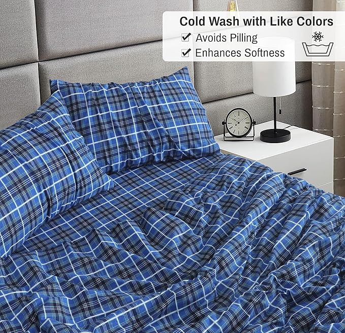 RUVANTI Flannel Sheets Full Size - 100% Cotton Double Brushed Bed Sheets Set, Deep Pockets 16 Inches, All Seasons Breathable & Extra Soft Full Sheets, Warm & Cozy, 4 Piece, Blue Plaid