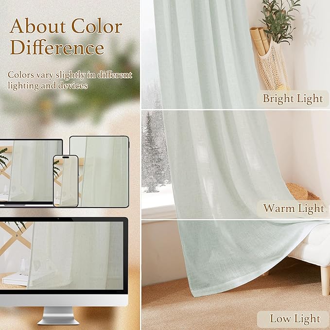 RYB HOME Privacy Semi Sheer Linen Curtains Extra Wide Curtains 108" Length, Rod Pocket Linen Blend Elegant Light Filtering Privacy Protected Panels for Farmhouse/Living Room, Sage, 52" W, 2 Panels