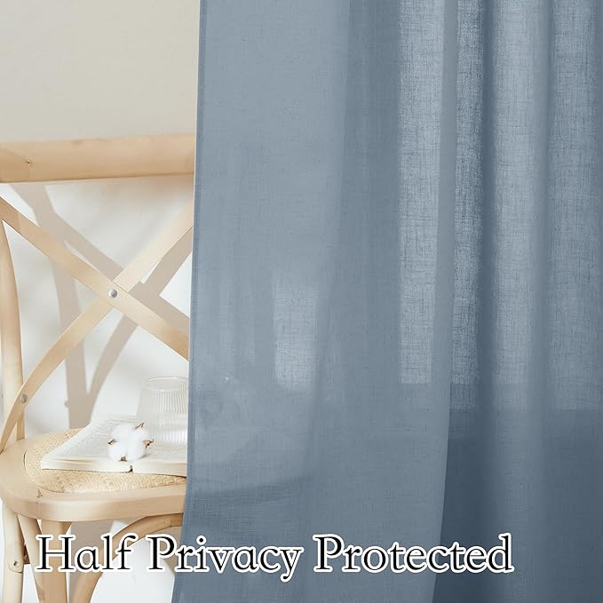 RYB HOME Natural Linen Curtains for Living Room Nursery Playroom, Modern Privacy Drapes 84 inch Length Vertical Semi Transparent Sheer for Large Windows, W 100 inch x L 84 inch, Dusty Blue, 1 Pc