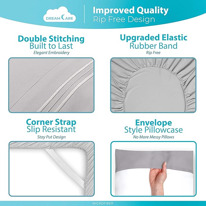 DREAMCARE Twin Sheets - 3pcs Cooling Sheets – up to 21” Extra Deep Pocket Twin Bed Sheets - Twin Sheet Set - Bed Sheets Twin with Side Pocket - L Gray
