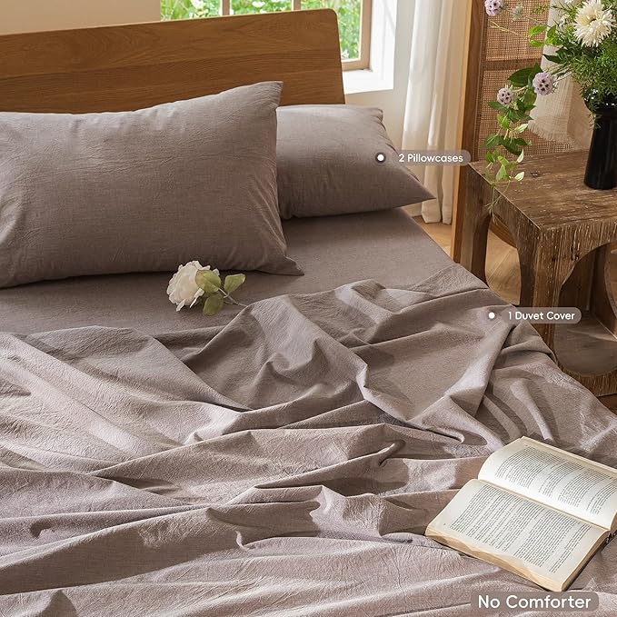 MooMee Bedding Duvet Cover Set 100% Washed Cotton Linen Like Textured Breathable Durable Soft Comfy (Heathered Mauve Brown, Cal King 104"x98")